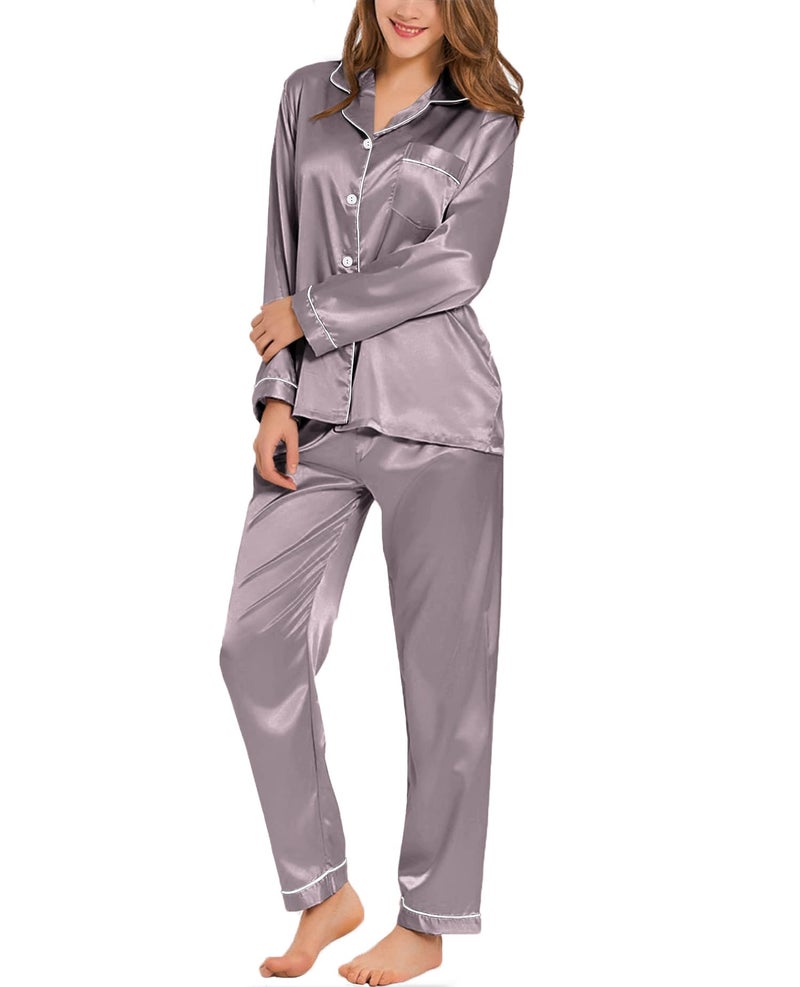 SWOMOG Womens Silk Satin Pajamas Set Button Down Sleepwear Loungewear - Image 1